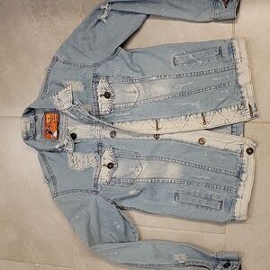 Rolling Paper distressed denim jacket. Men's S Light blue and white faded wash.